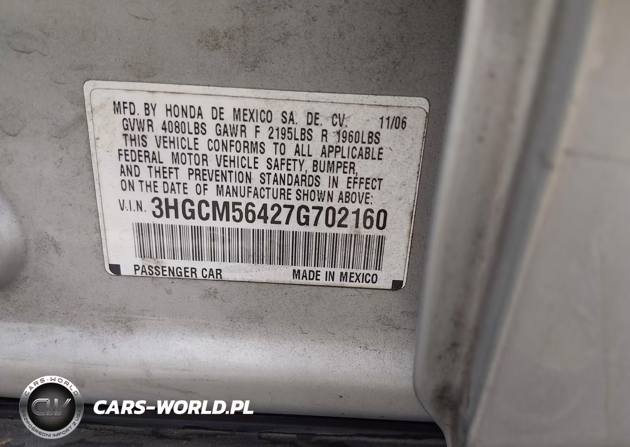 2007 Honda Accord 2.4 Lx VIN:3HGCM56427G702160 - 9