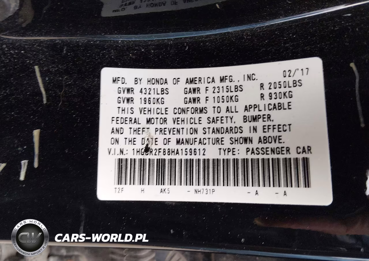 2017 Honda Accord Ex-L VIN:1HGCR2F97HA159612 - 9