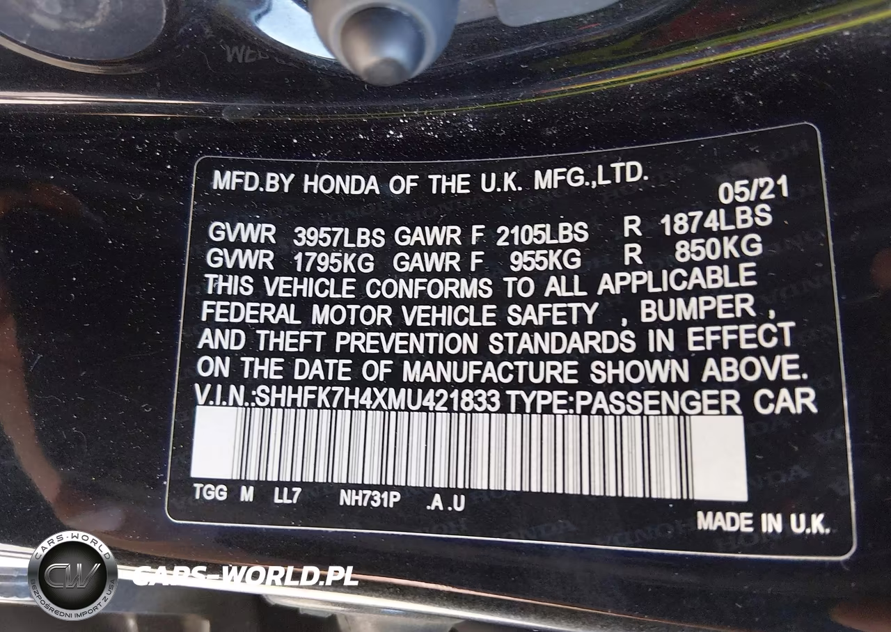 2021 Honda Civic Sport VIN:SHHFK7H4XMU421833 - 9