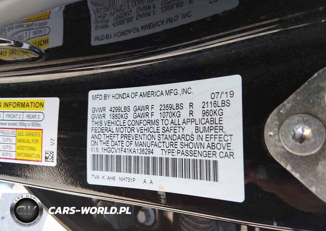 2019 Honda Accord Ex VIN:1HGCV1F41KA136294 - 9
