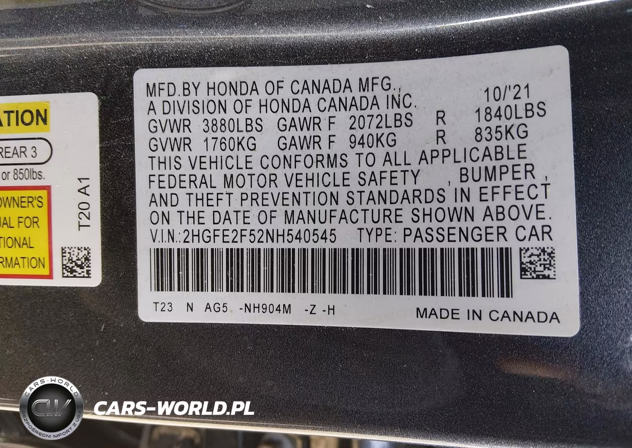 2022 Honda Civic Sport VIN:2HGFE2F52NH540545 - 9