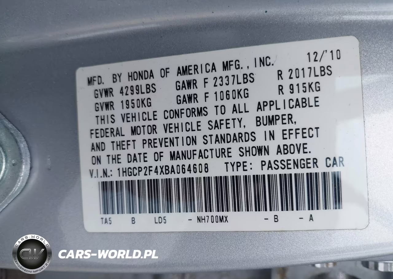 2011 Honda Accord Sdn Lx-P VIN:1HGCP2F4XBA064608 - 9