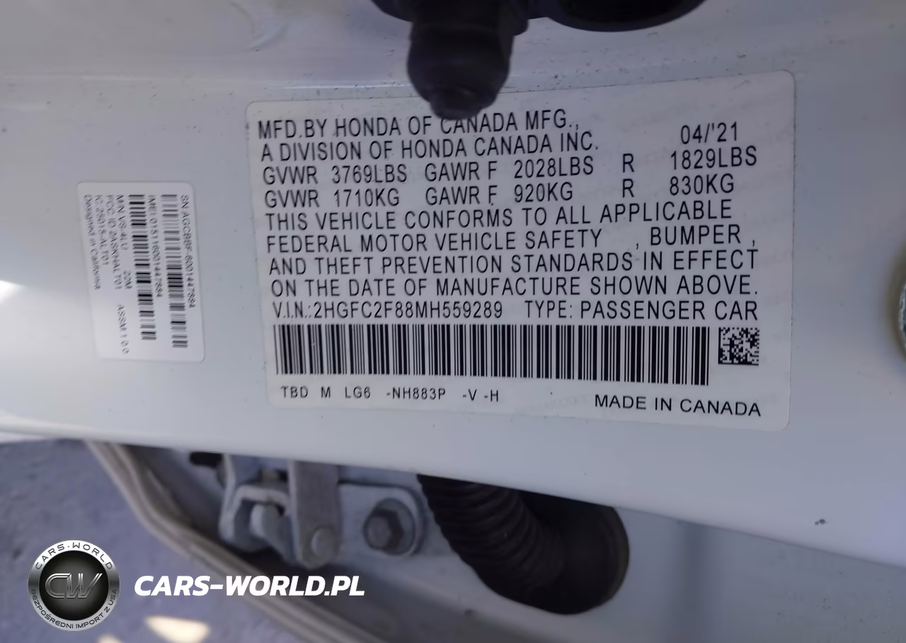2021 Honda Civic Sport VIN:2HGFC2F88MH559289 - 9