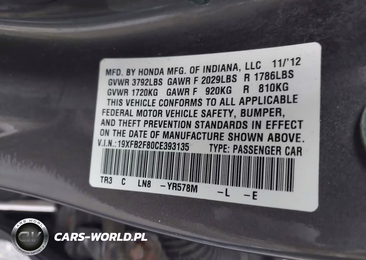 2012 Honda Civic Sdn Ex VIN:19XFB2F80CE393135 - 9