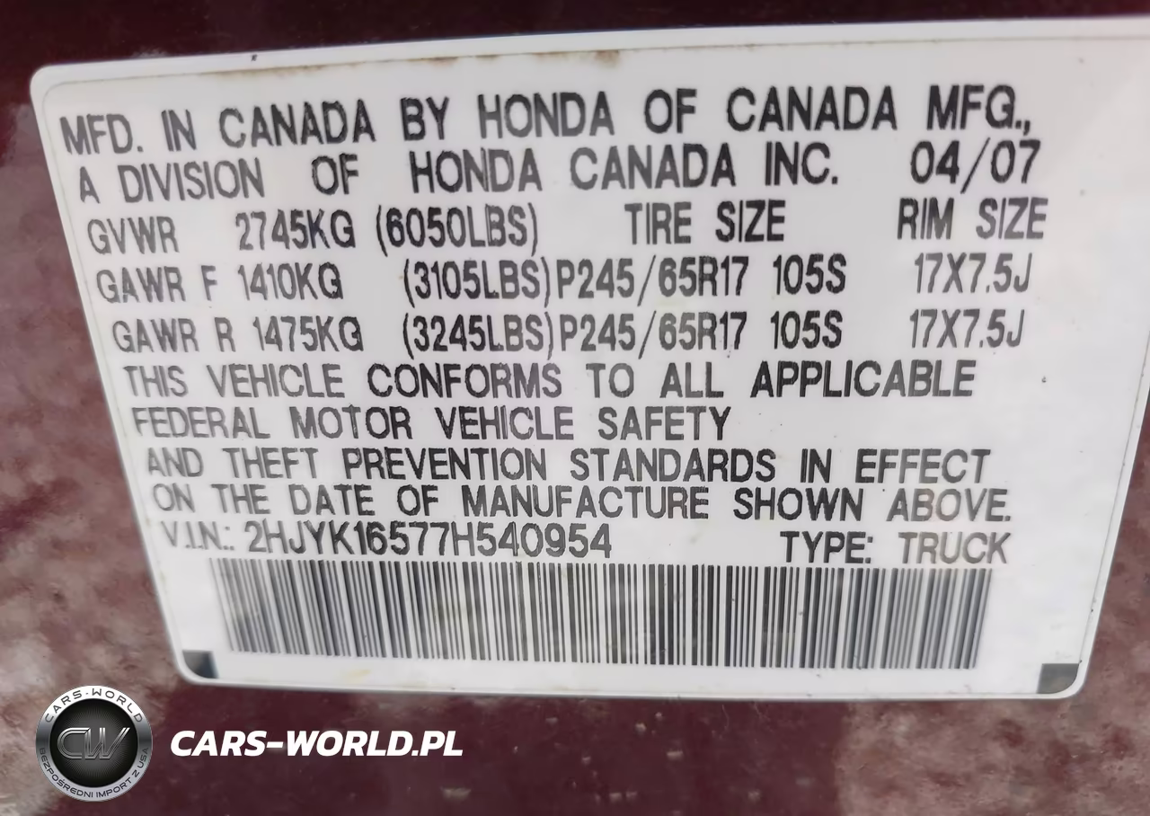 2007 Honda Ridgeline Rtl VIN:2HJYK16577H540954 - 9