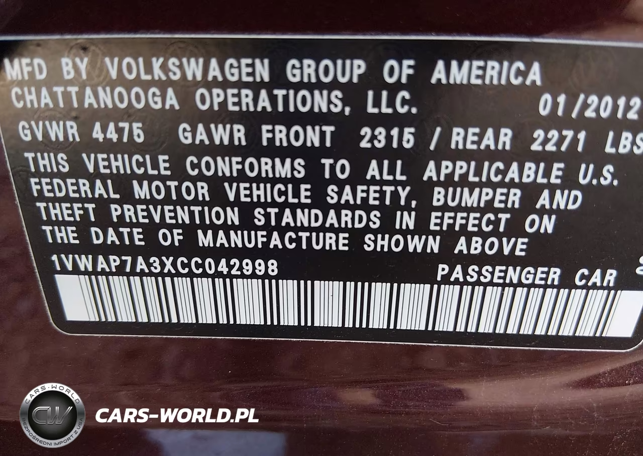 2012 Volkswagen Passat 2.5L S VIN:1VWAP7A3XCC042998 - 9