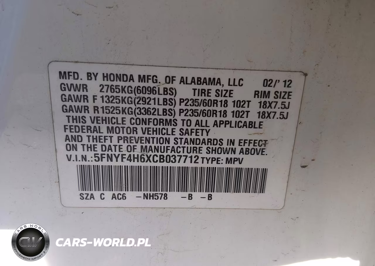 2012 Honda Pilot Ex-L VIN:5FNYF4H6XCB037712 - 9