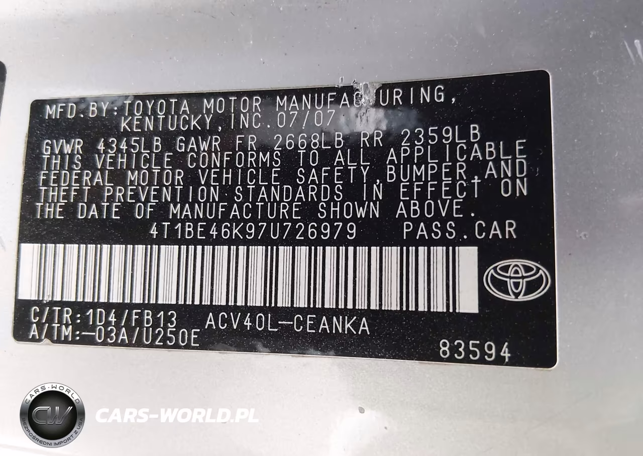 2007 Toyota Camry Ce VIN:4T1BE46K97U726979 - 9