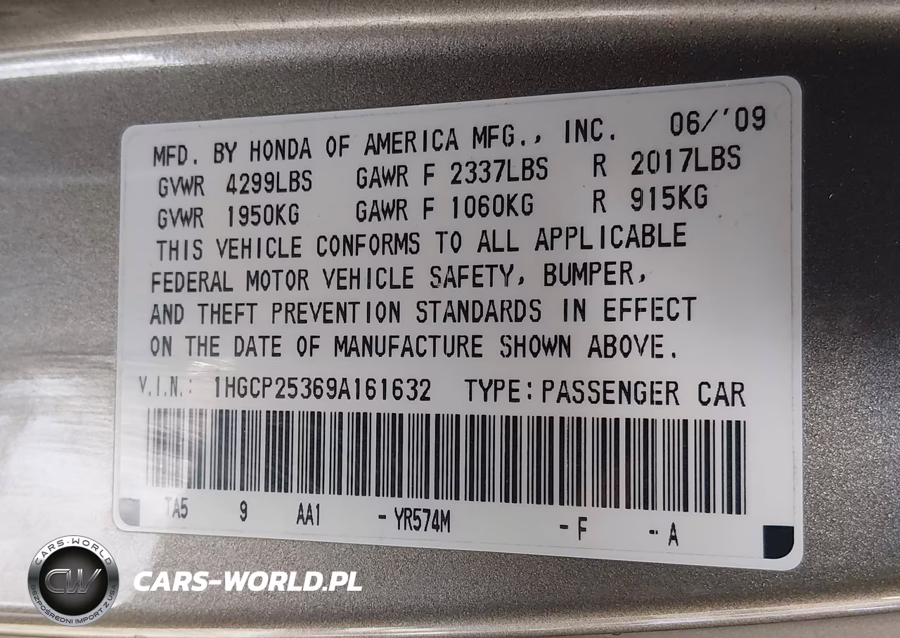 2009 Honda Accord 2.4 Lx VIN:1HGCP25369A161632 - 9