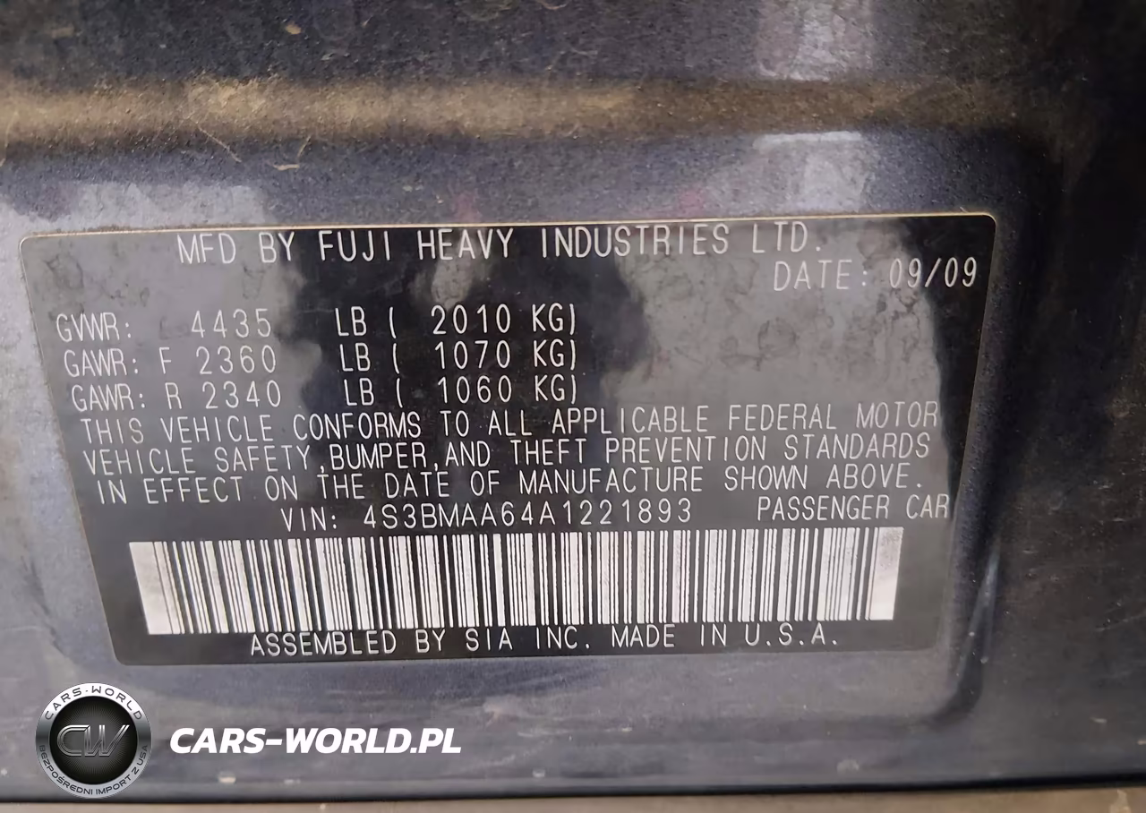 2010 Subaru Legacy 2.5I (M6) VIN:4S3BMAA64A1221893 - 9