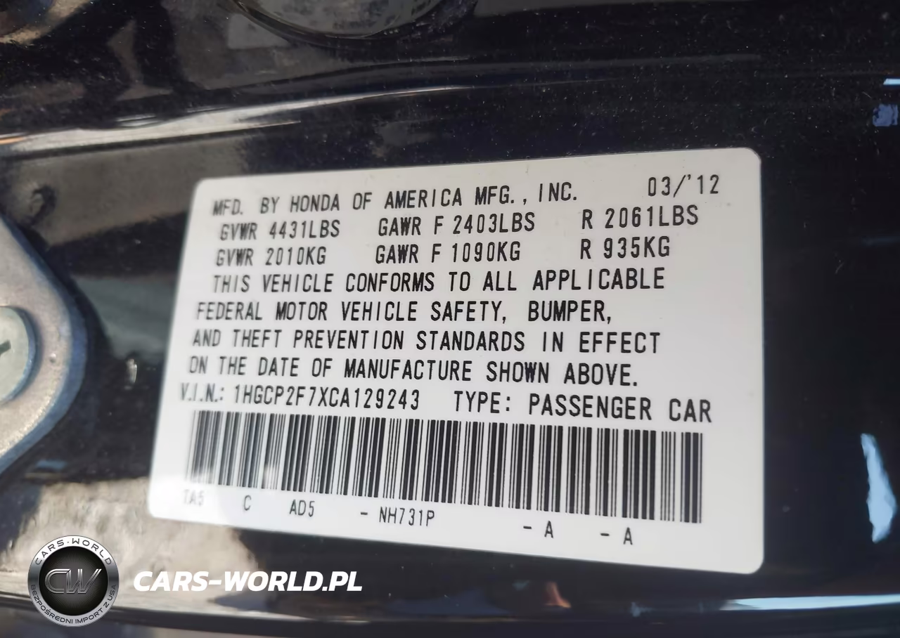 2012 Honda Accord Sdn Ex VIN:1HGCP2F7XCA129243 - 9