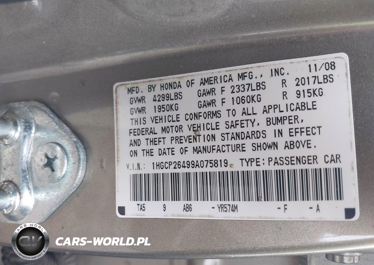 2009 Honda Accord Sdn Lx-P VIN:1HGCP26499A075819 - 9