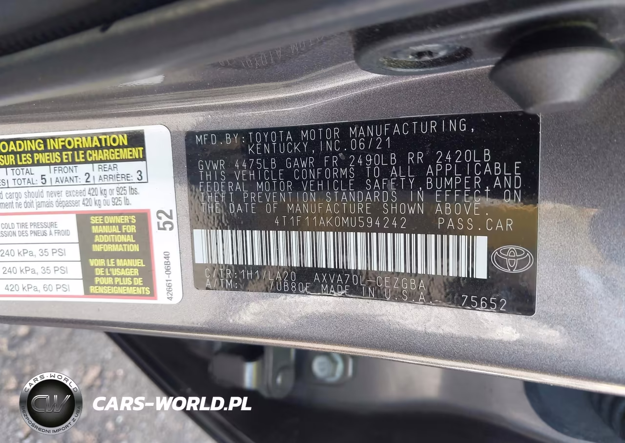 2021 Toyota Camry Xle VIN:4T1F11AK0MU594242 - 9