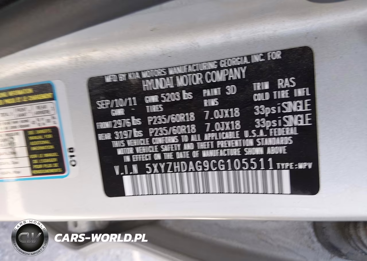 2012 Hyundai Santa Fe Se VIN:5XYZHDAG9CG105511 - 9