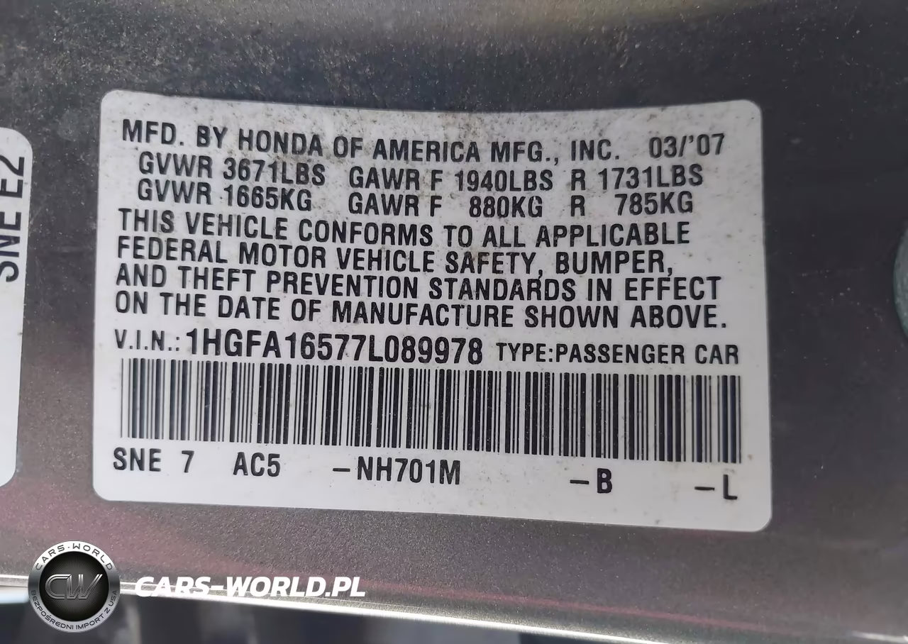 2007 Honda Civic Lx VIN:1HGFA16577L089978 - 9