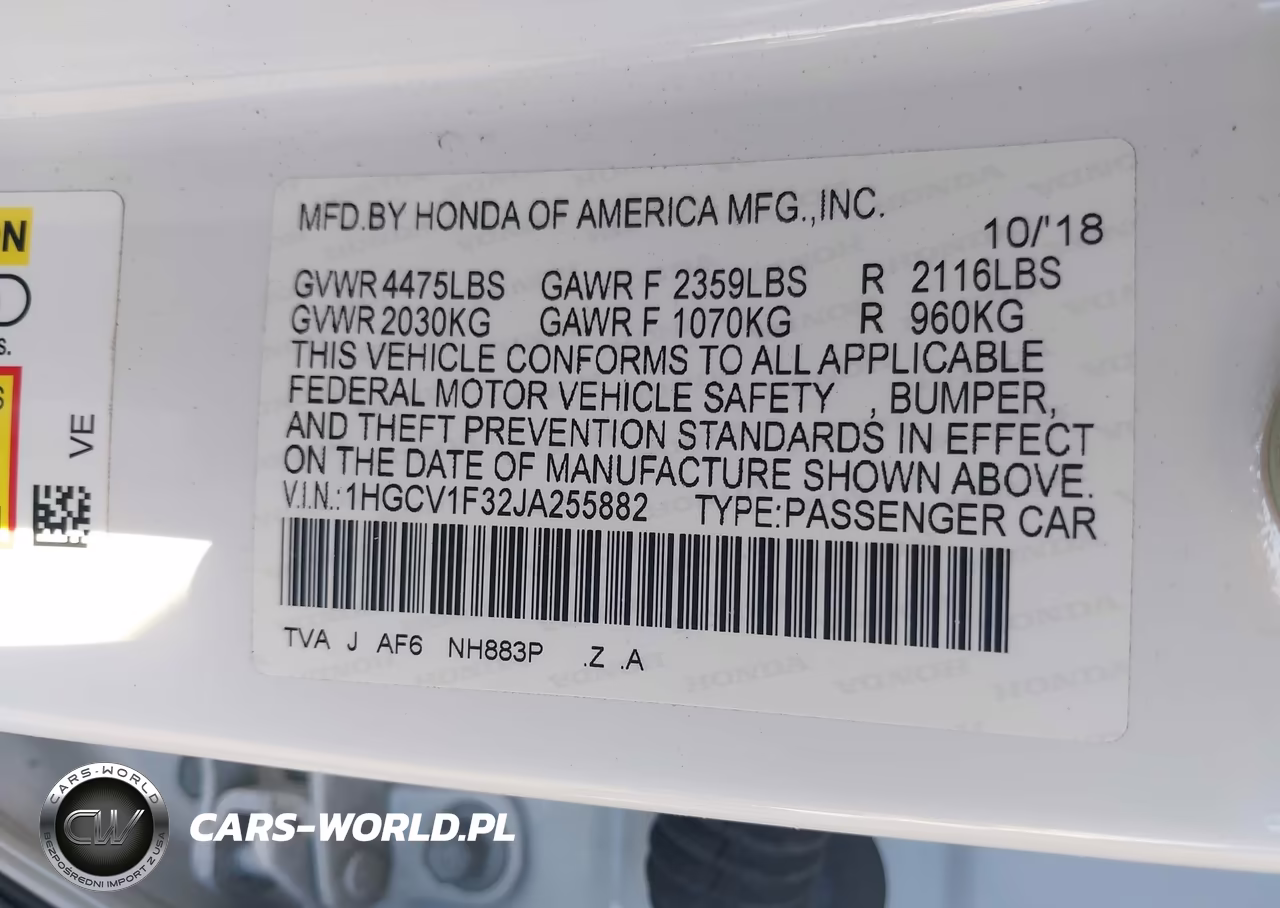 2018 Honda Accord Sport VIN:1HGCV1F32JA255882 - 9
