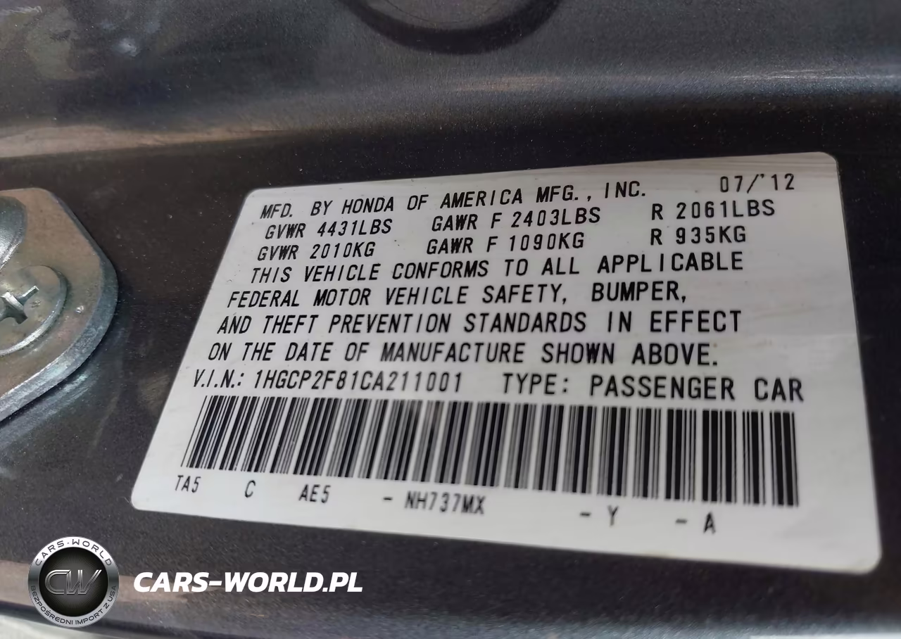 2012 Honda Accord 2.4 Ex-L-Ex-L VIN:1HGCP2F81CA211001 - 9