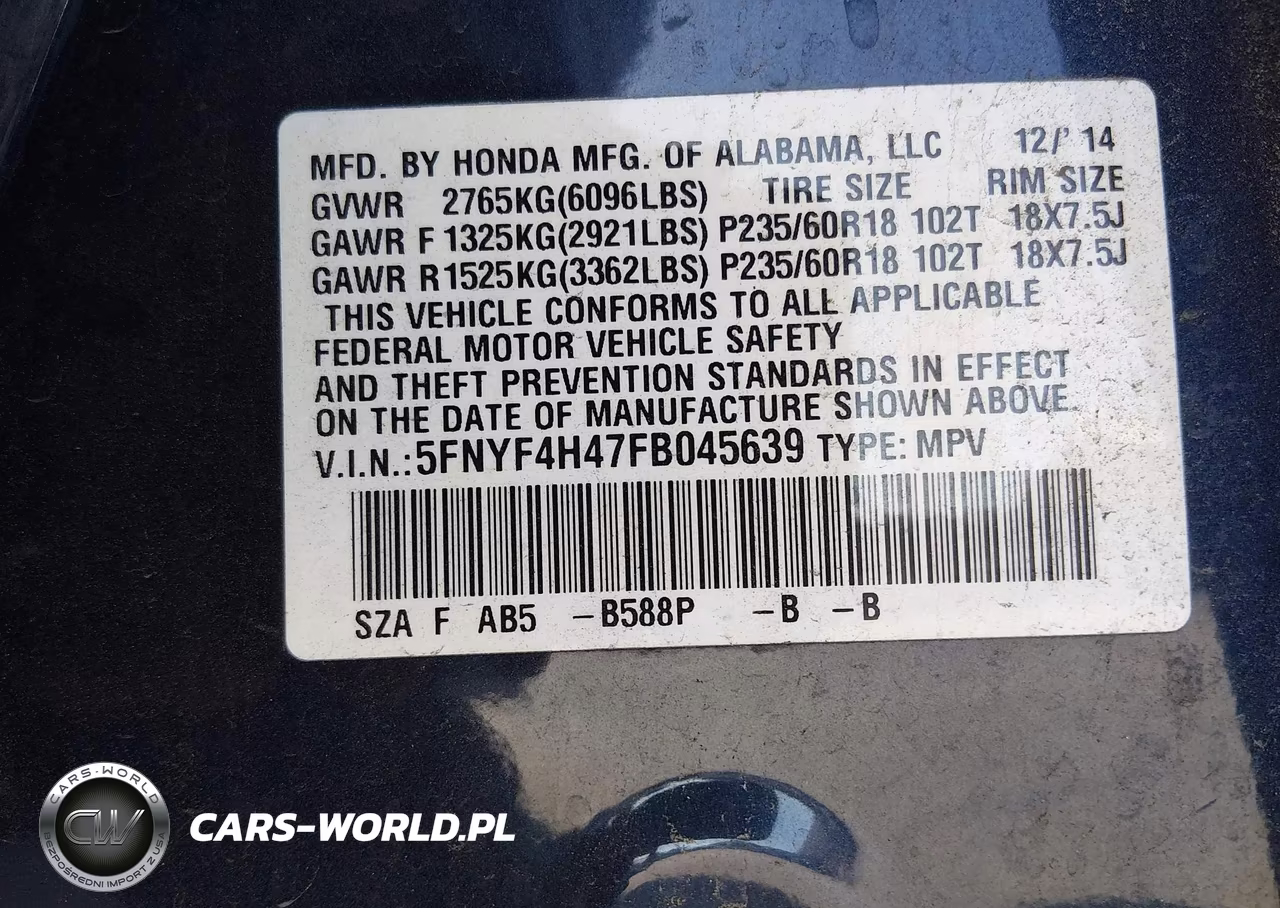 2015 Honda Pilot Ex VIN:5FNYF4H47FB045639 - 9