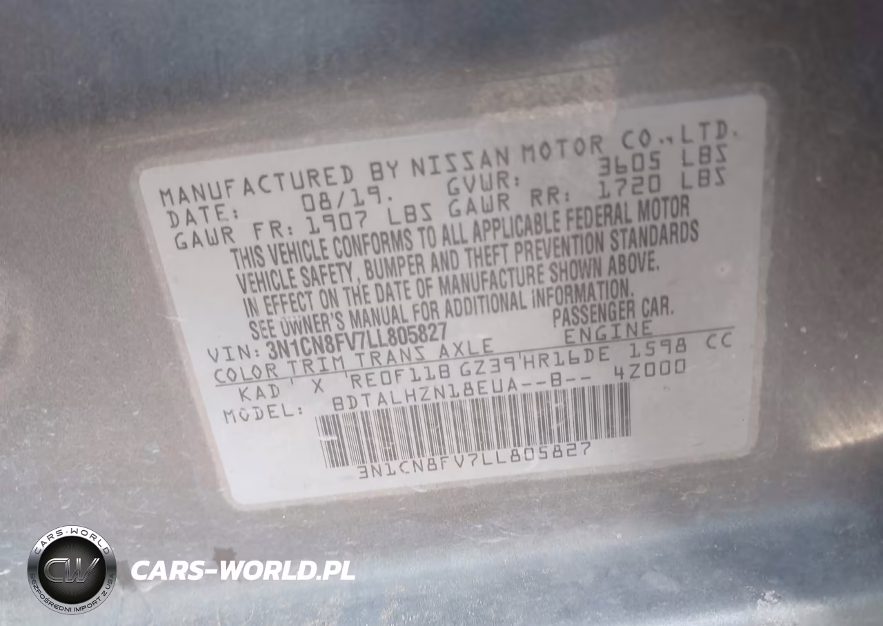 2020 Nissan Versa Sr Xtronic Cvt VIN:3N1CN8FV7LL805827 - 9