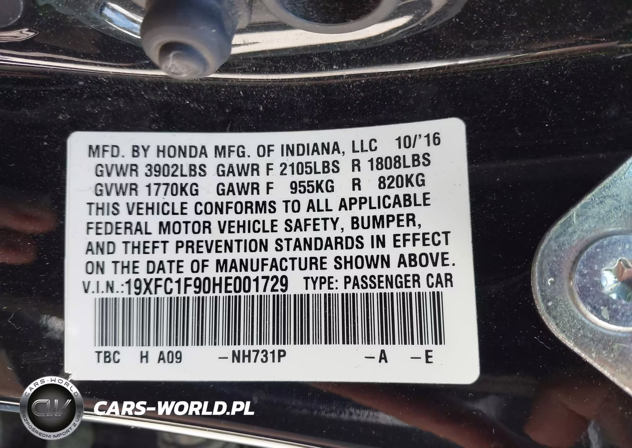 2017 Honda Civic Touring VIN:19XFC1F90HE001729 - 9