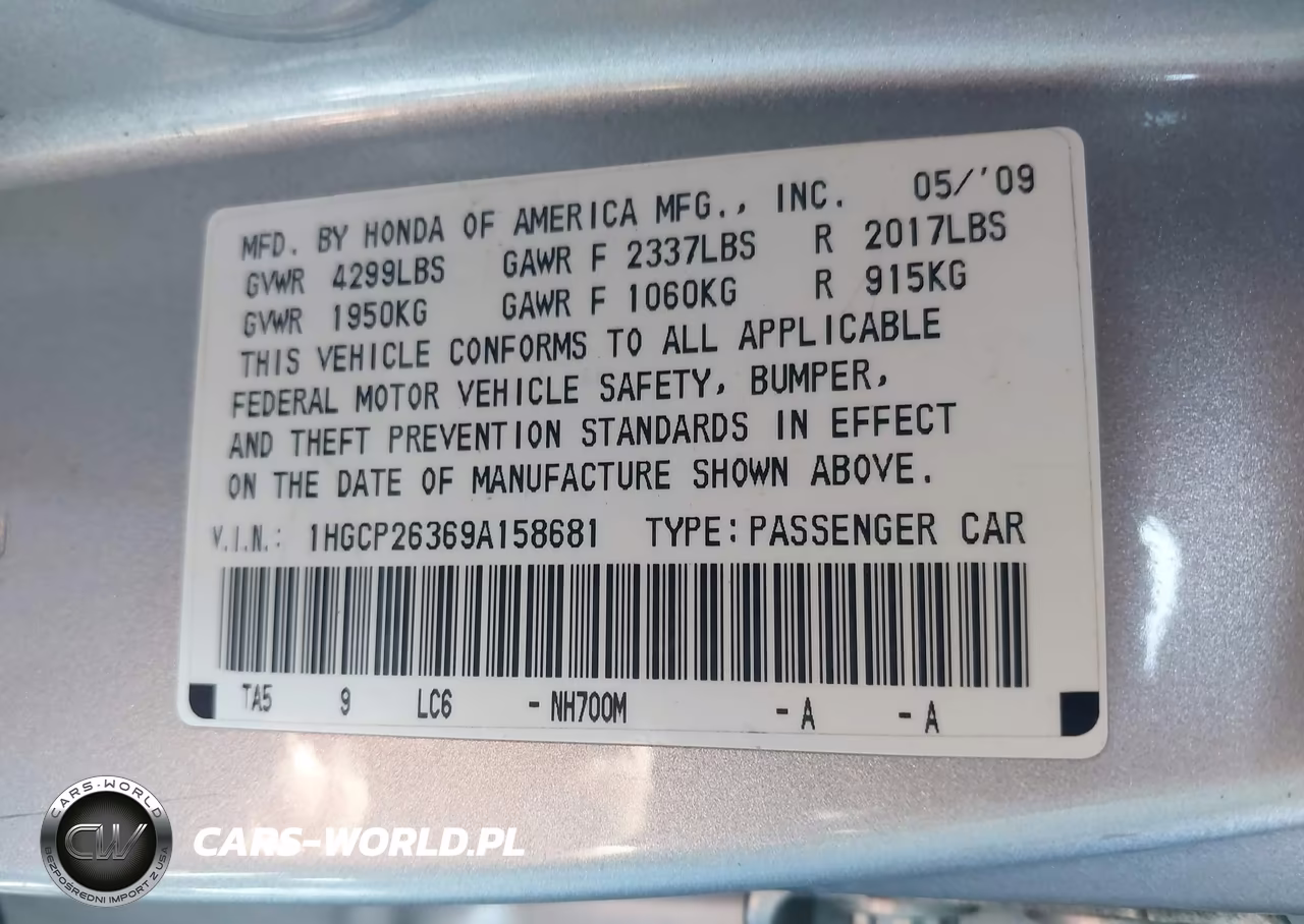 2009 Honda Accord Sdn Lx VIN:1HGCP26369A158681 - 9