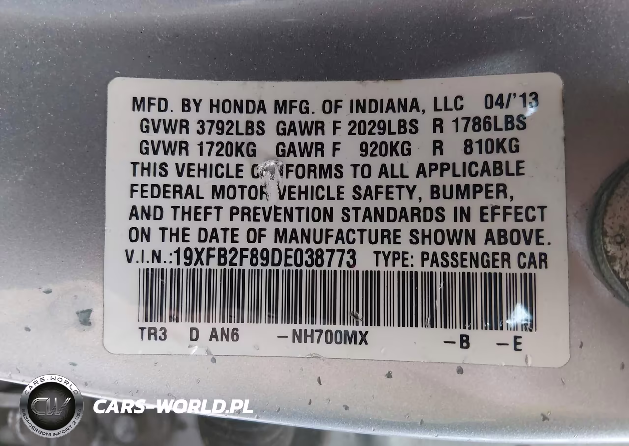 2013 Honda Civic Sdn Ex VIN:19XFB2F89DE038773 - 9