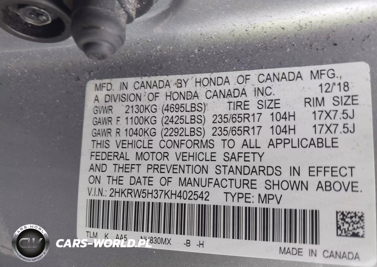 2019 Honda Cr-V Lx VIN:2HKRW5H37KH402542 - 9