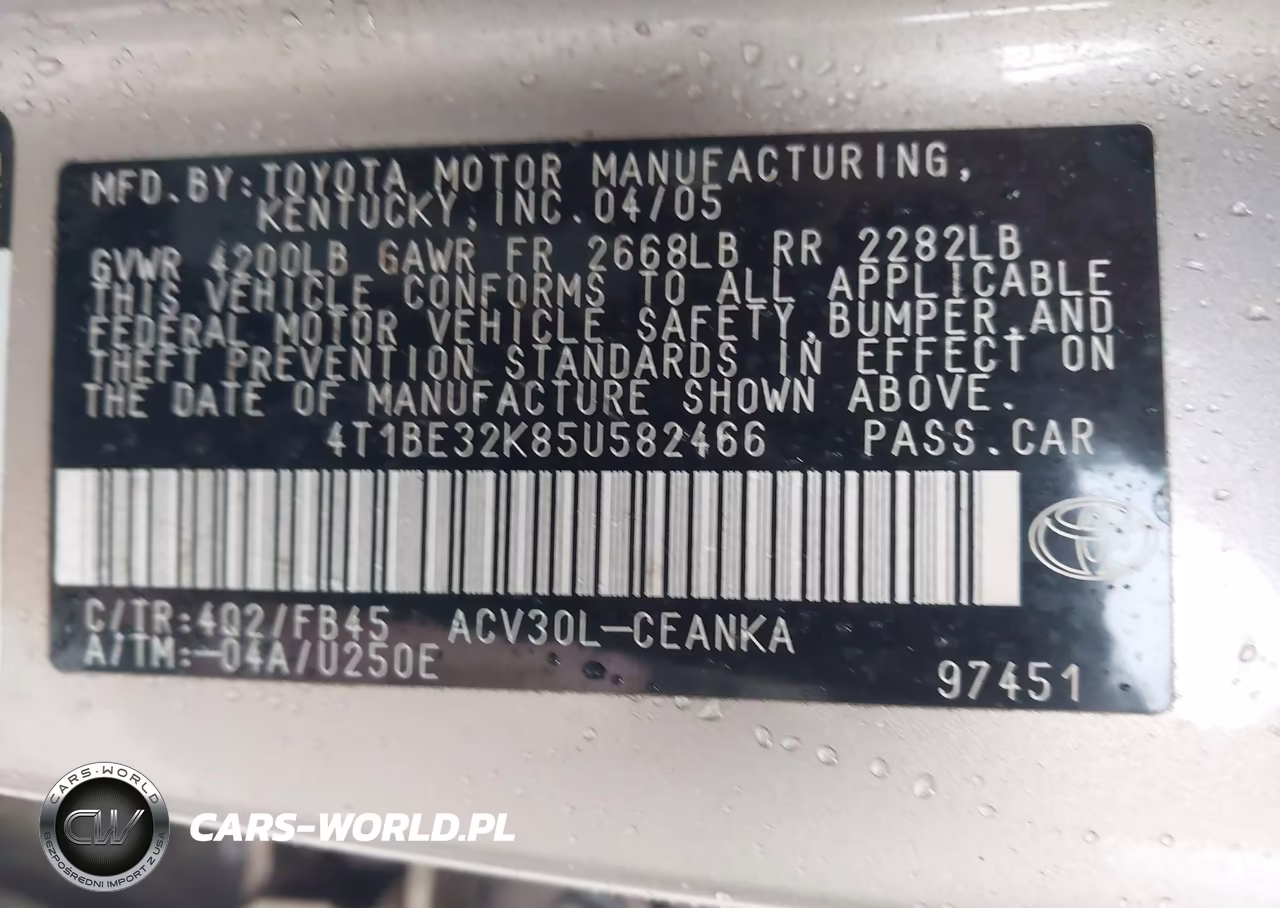 2005 Toyota Camry Std VIN:4T1BE32K85U582466 - 9