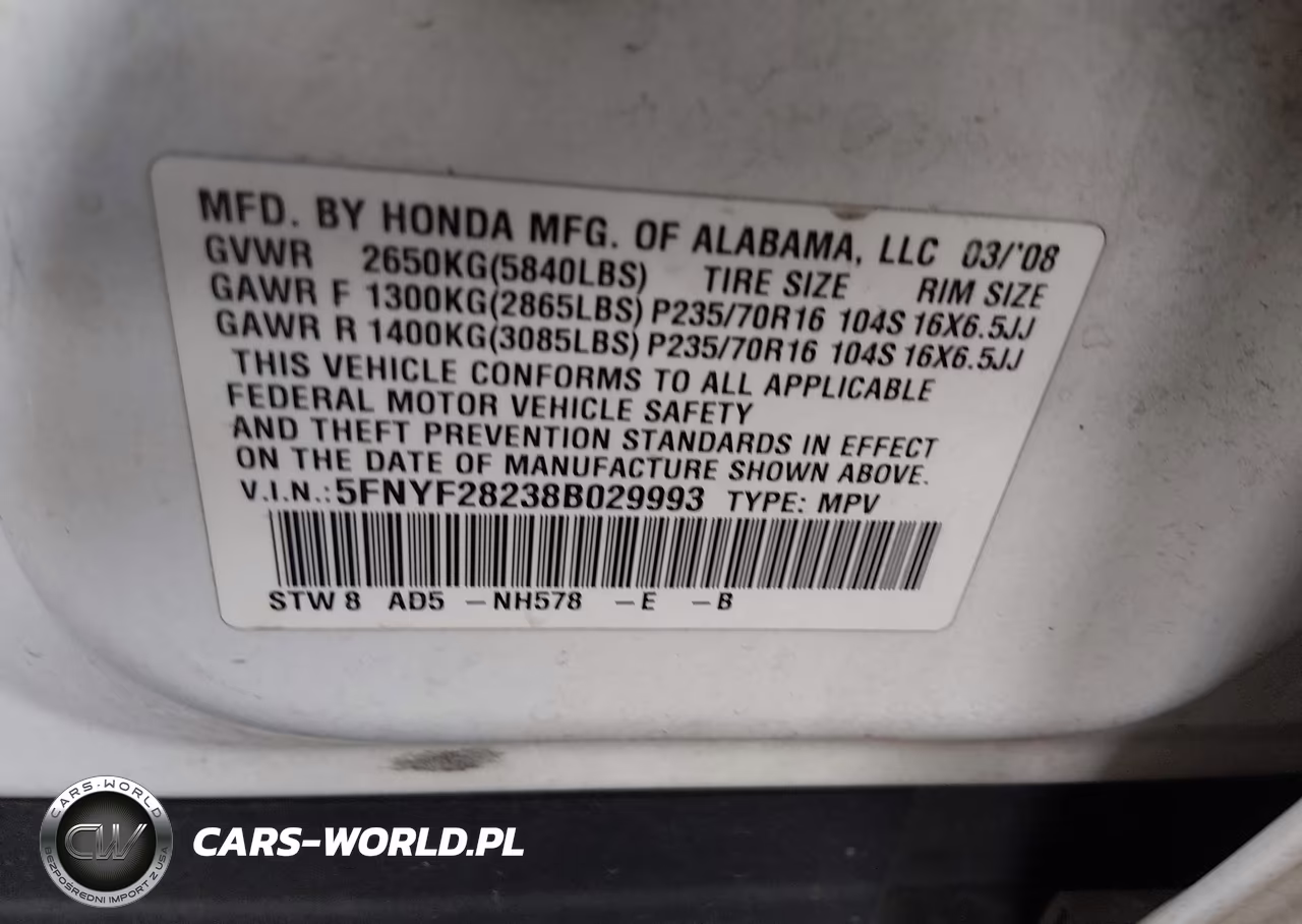 2008 Honda Pilot Vp VIN:5FNYF28238B029993 - 9