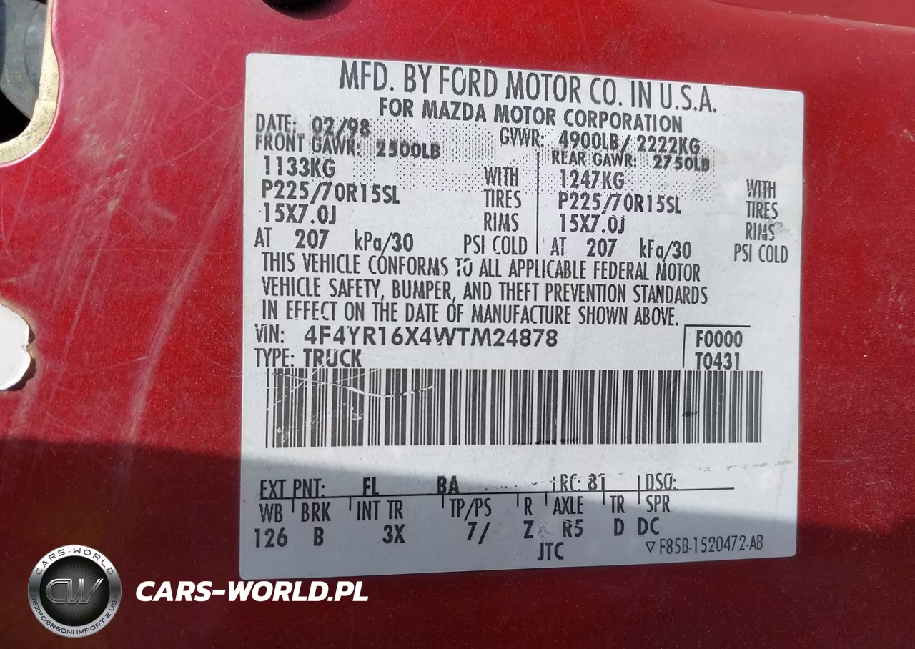 1998 Mazda B-Series 2Wd Truck Se VIN:4F4YR16X4WTM24878 - 9