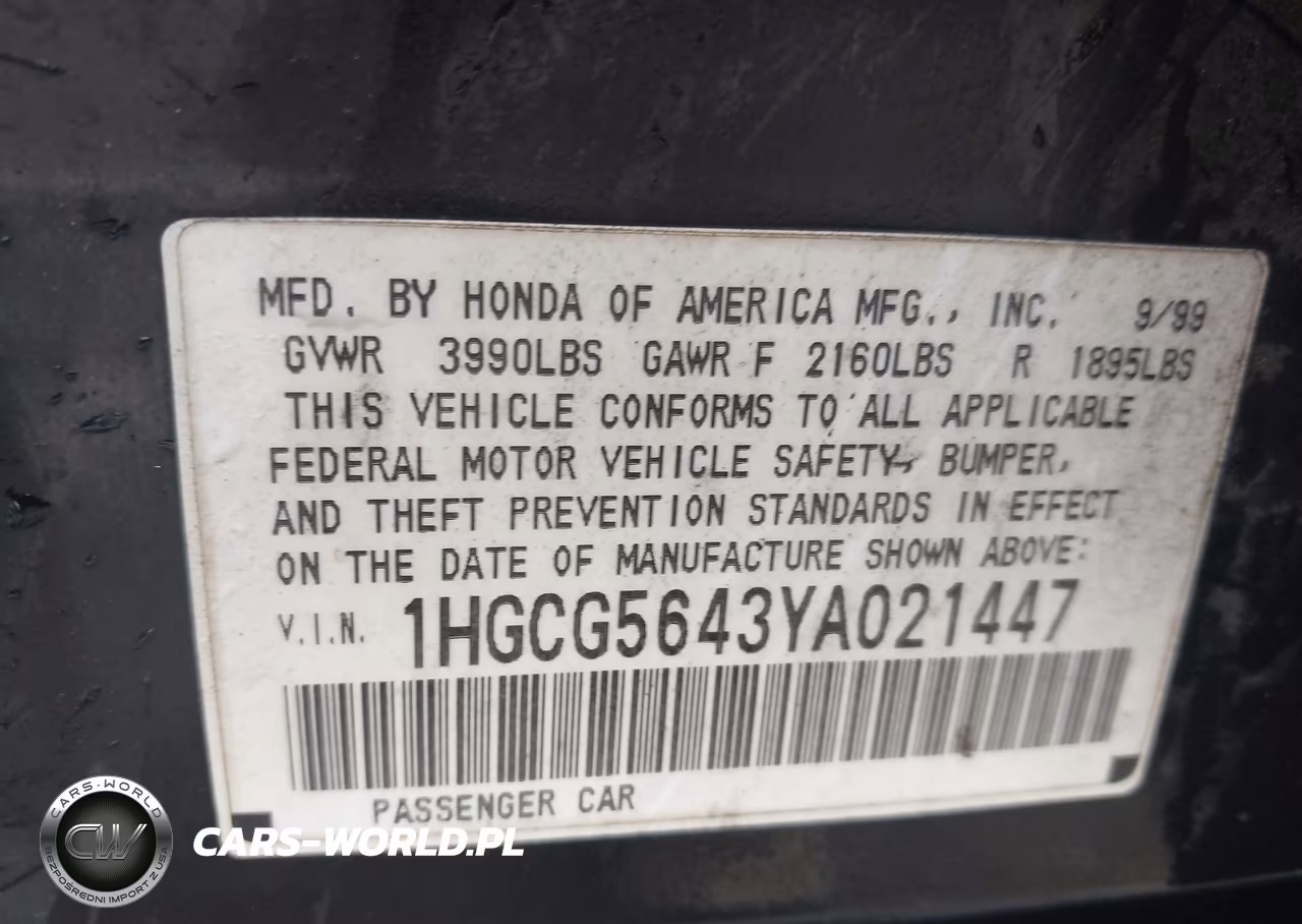 2000 Honda Accord Sdn Lx VIN:1HGCG5643YA021447 - 9