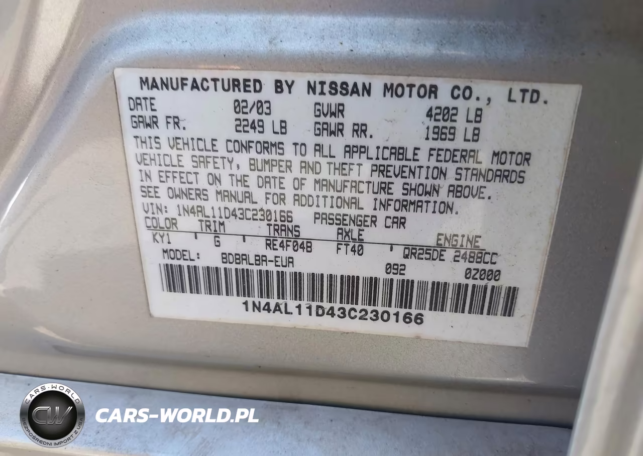 2003 Nissan Altima Sl VIN:1N4AL11D43C230166 - 9