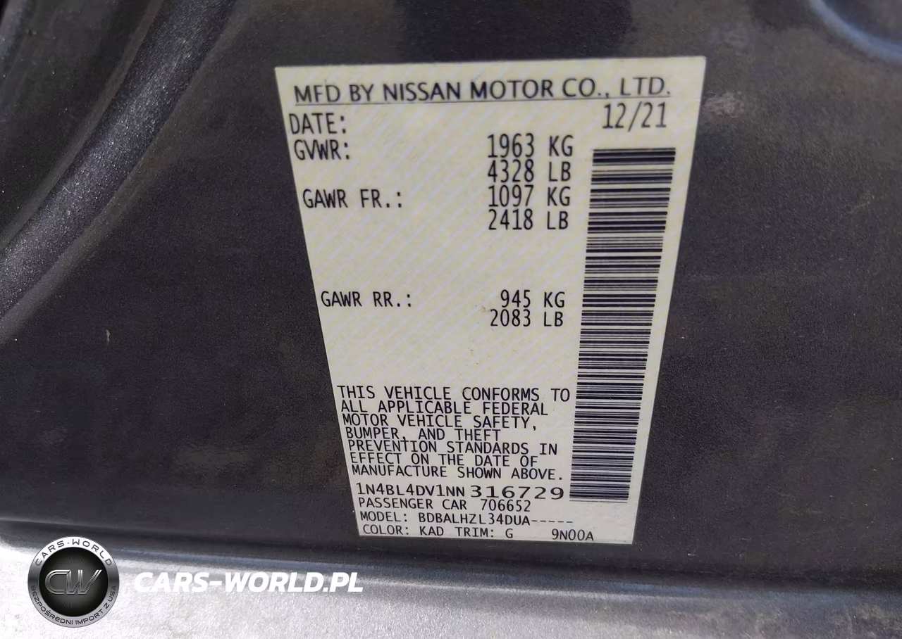 2022 Nissan Altima Sv Fwd VIN:1N4BL4DV1NN316729 - 9