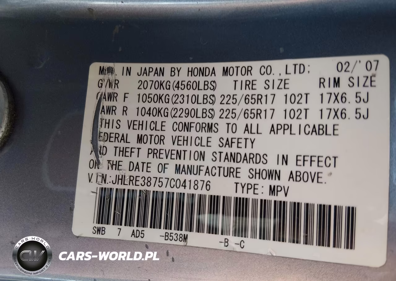 2007 Honda Cr-V Ex-L VIN:JHLRE38757C041876 - 12