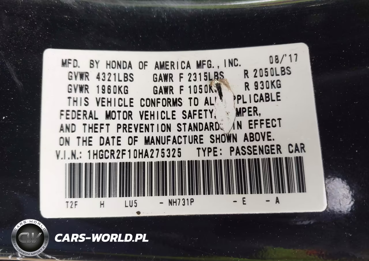 2017 Honda Accord Sport Se VIN:1HGCR2F10HA275325 - 9