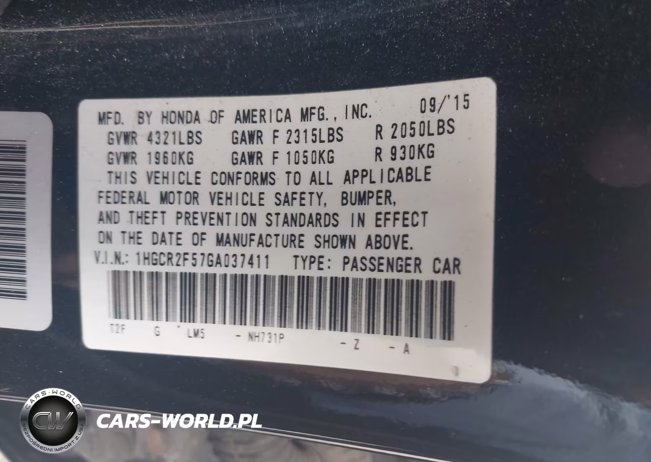 2016 Honda Accord Sport VIN:1HGCR2F57GA037411 - 9