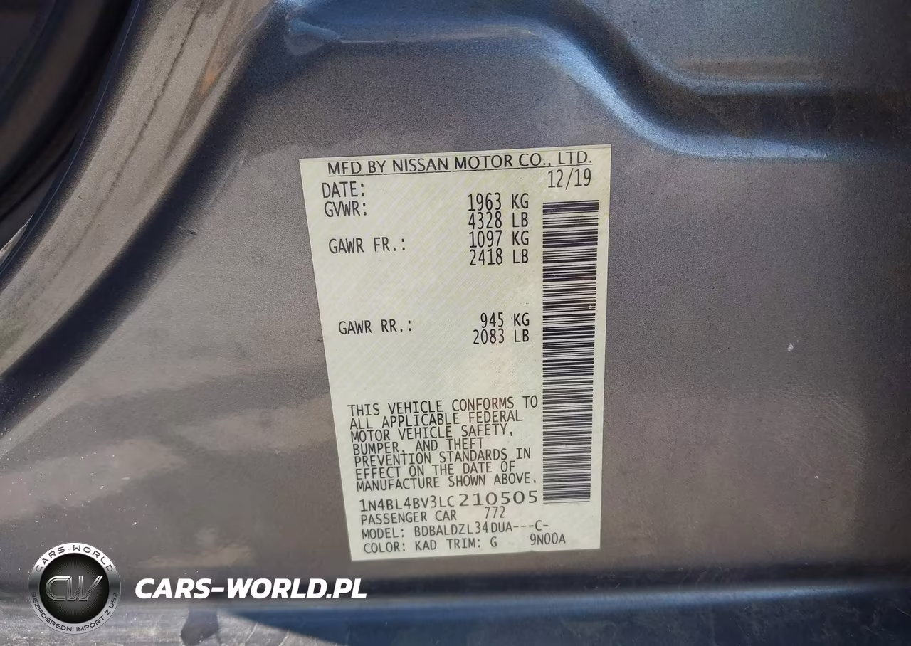 2020 Nissan Altima S Fwd VIN:1N4BL4BV3LC210505 - 9