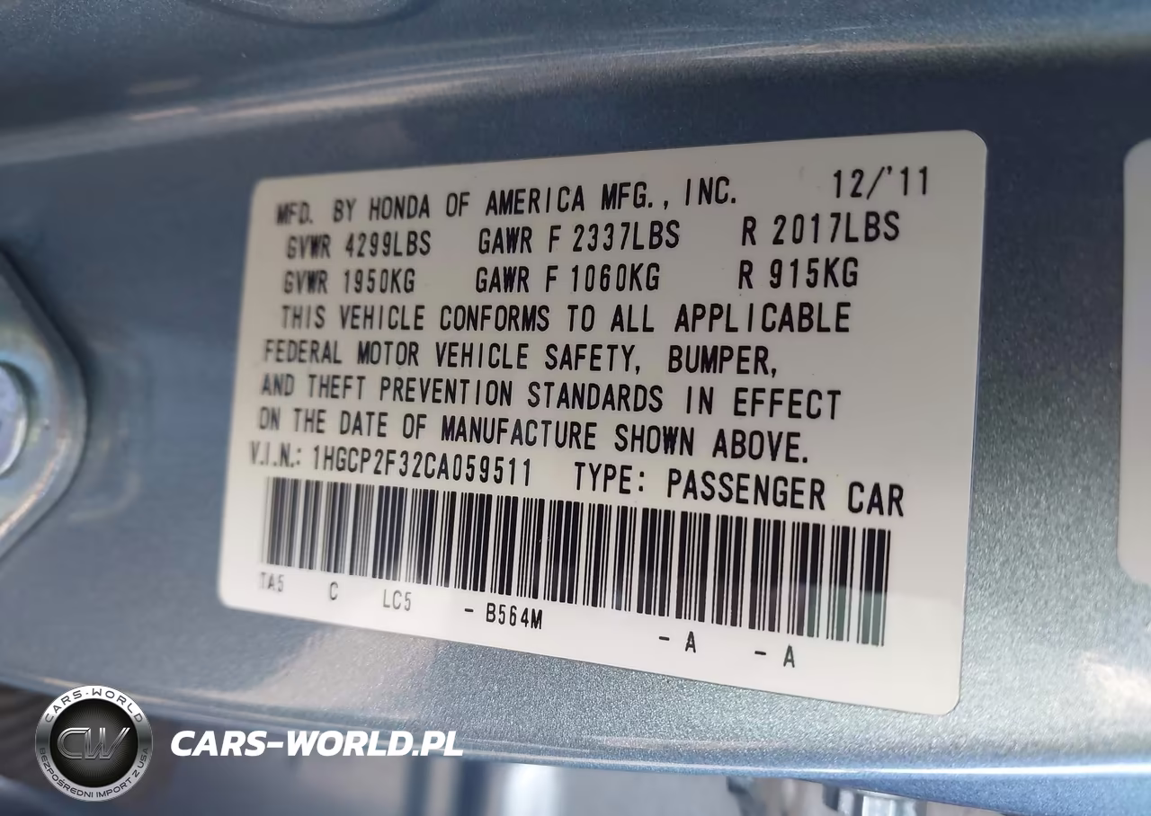 2012 Honda Accord 2.4 Lx VIN:1HGCP2F32CA059511 - 9
