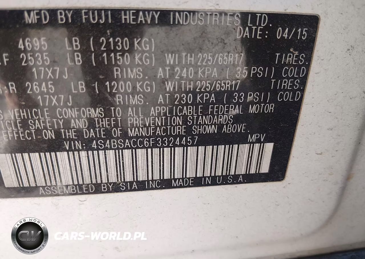2015 Subaru Outback 2.5I Premium VIN:4S4BSACC6F3324457 - 9