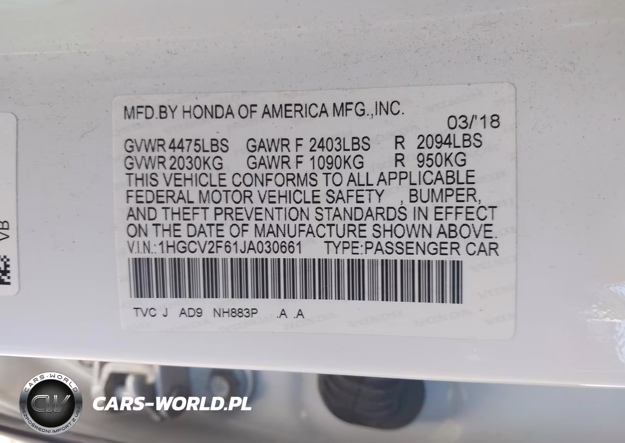 2018 Honda Accord Ex-L 2.0T VIN:1HGCV2F61JA030661 - 9