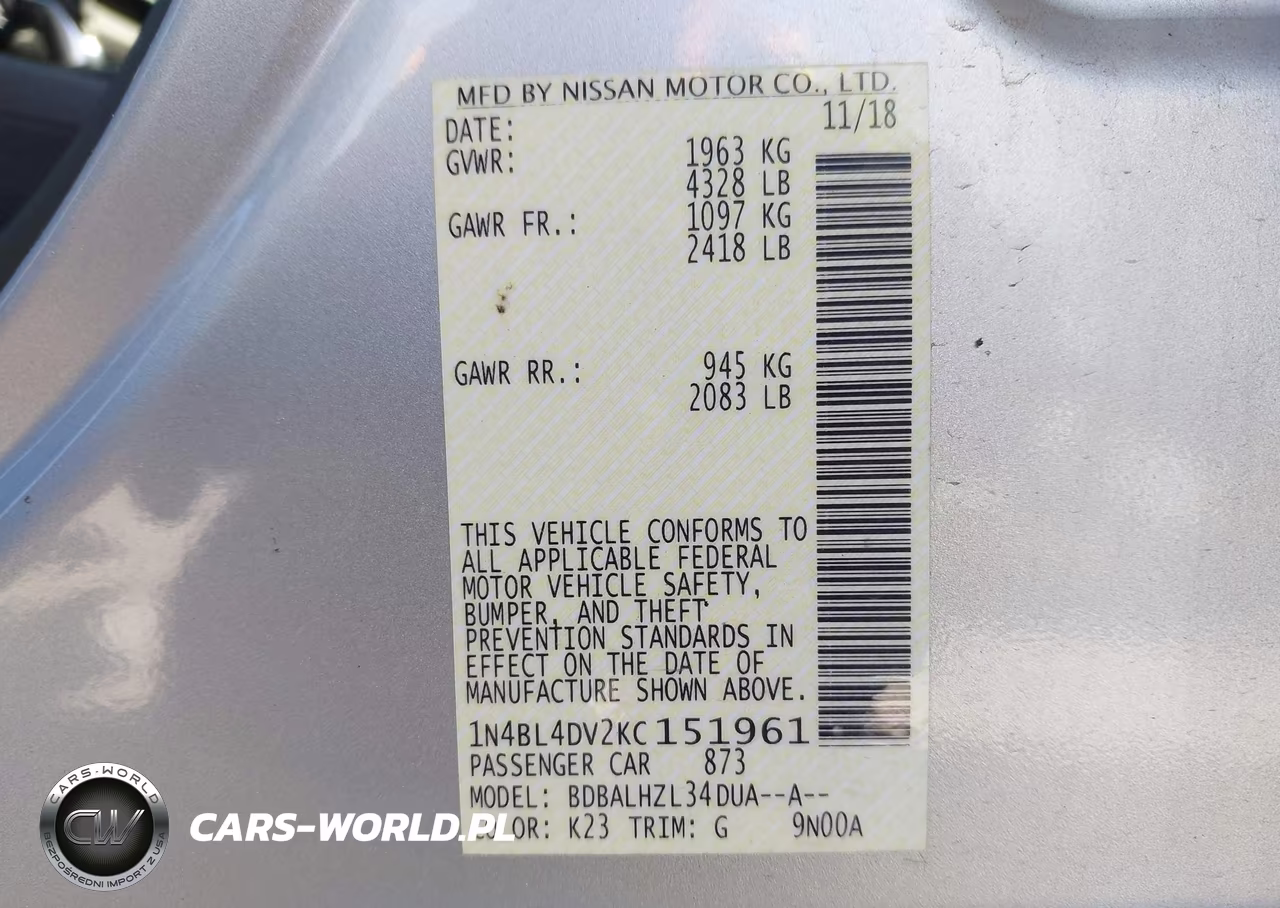 2019 Nissan Altima 2.5 Sv VIN:1N4BL4DV2KC151961 - 9
