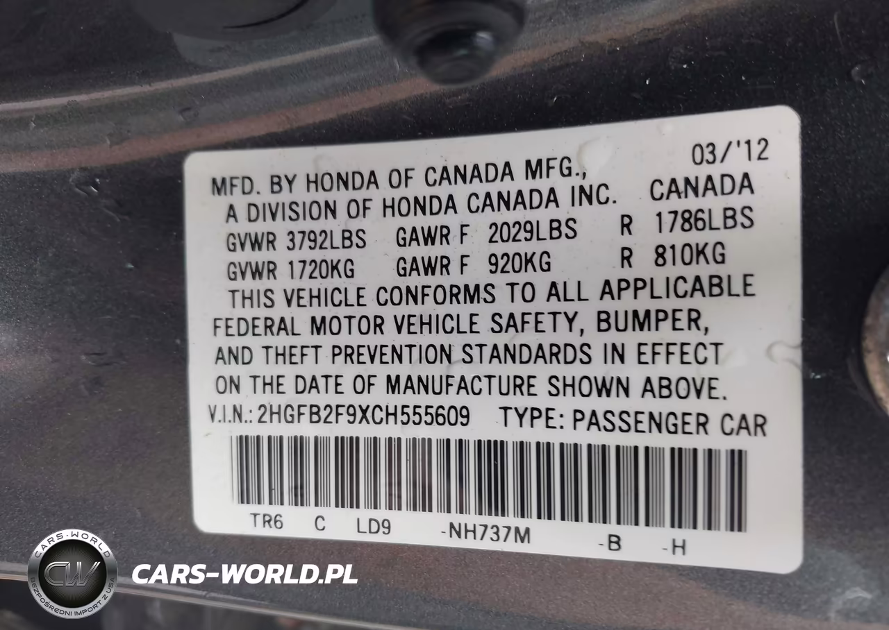 2012 Honda Civic Sdn Ex-L VIN:2HGFB2F9XCH555609 - 9