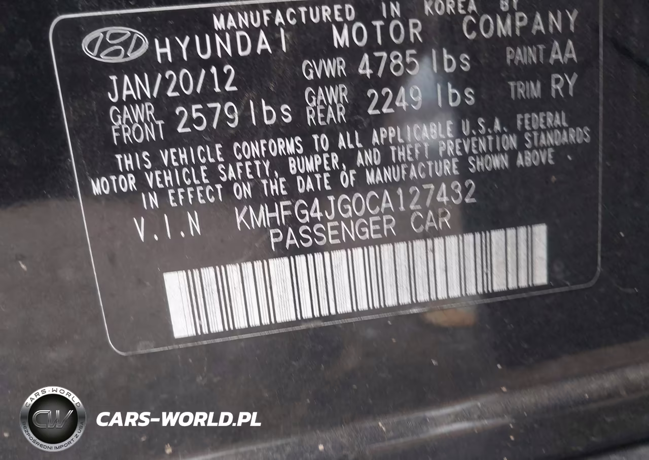 2012 Hyundai Azera VIN:KMHFG4JG0CA127432 - 9