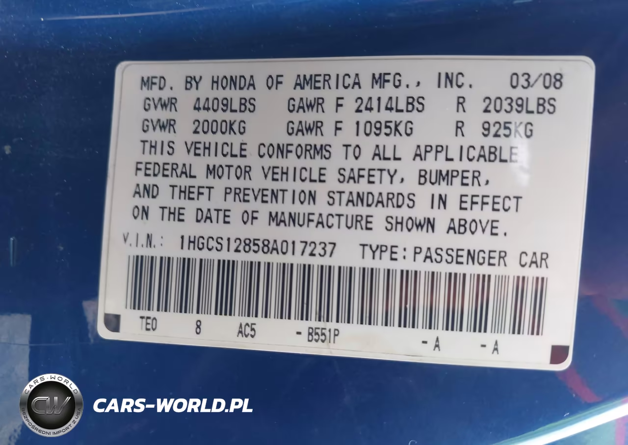2008 Honda Accord 2.4 Ex-L VIN:1HGCS12858A017237 - 9