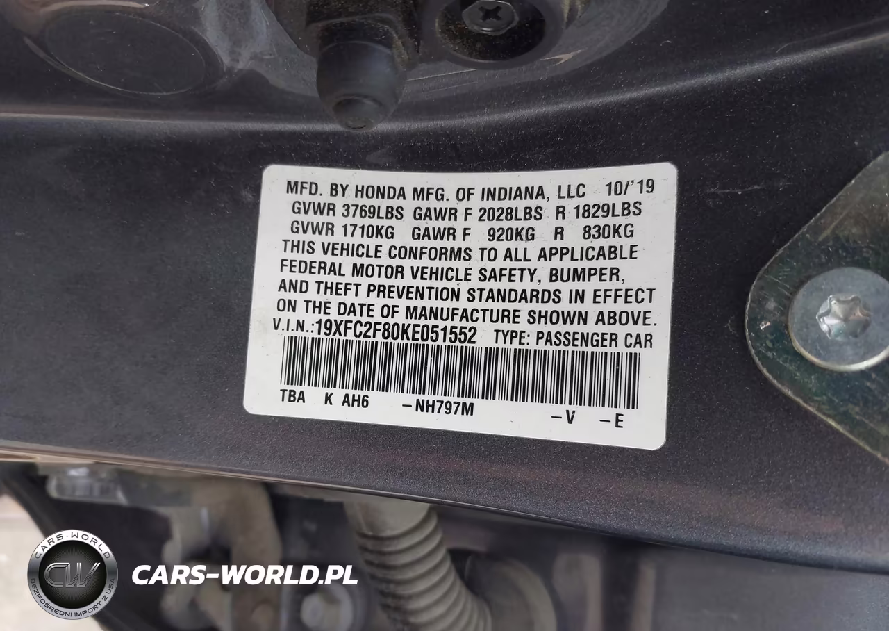 2019 Honda Civic Sport VIN:19XFC2F80KE051552 - 9