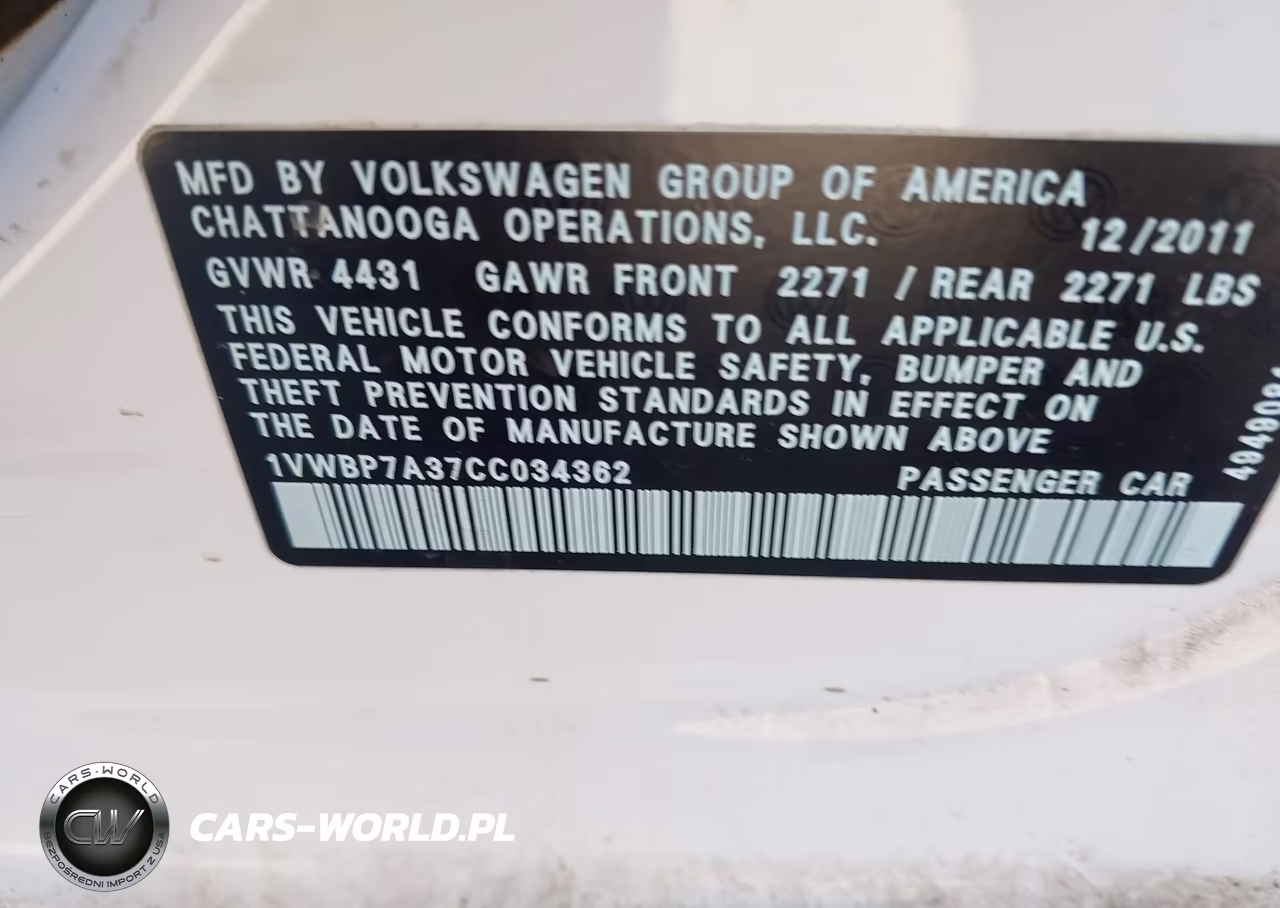 2012 Volkswagen Passat 2.5L Se VIN:1VWBP7A37CC034362 - 9