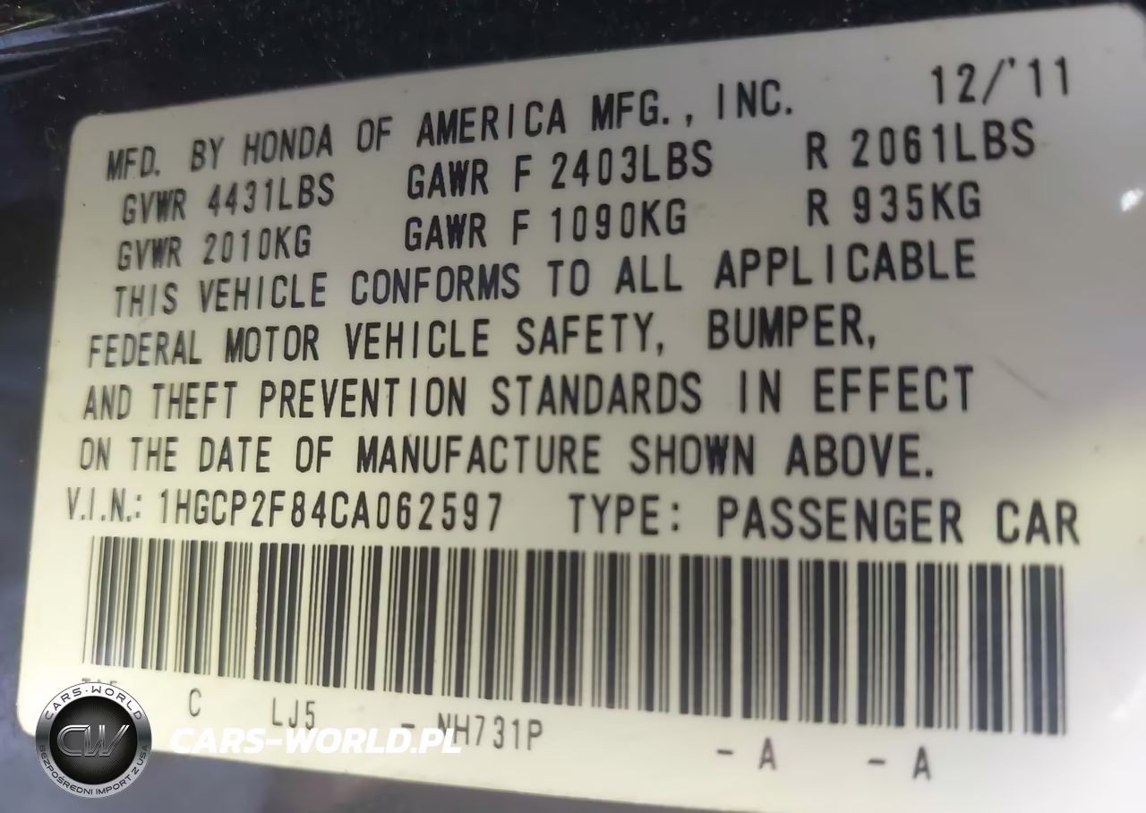 2012 Honda Accord 2.4 Ex-L VIN:1HGCP2F84CA062597 - 9