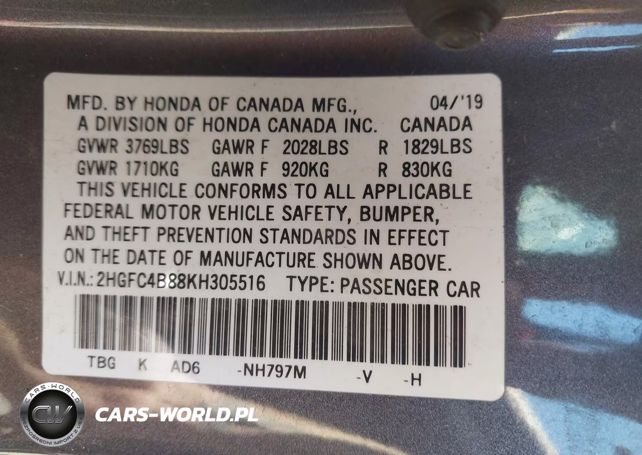 2019 Honda Civic Sport VIN:2HGFC4B88KH305516 - 9