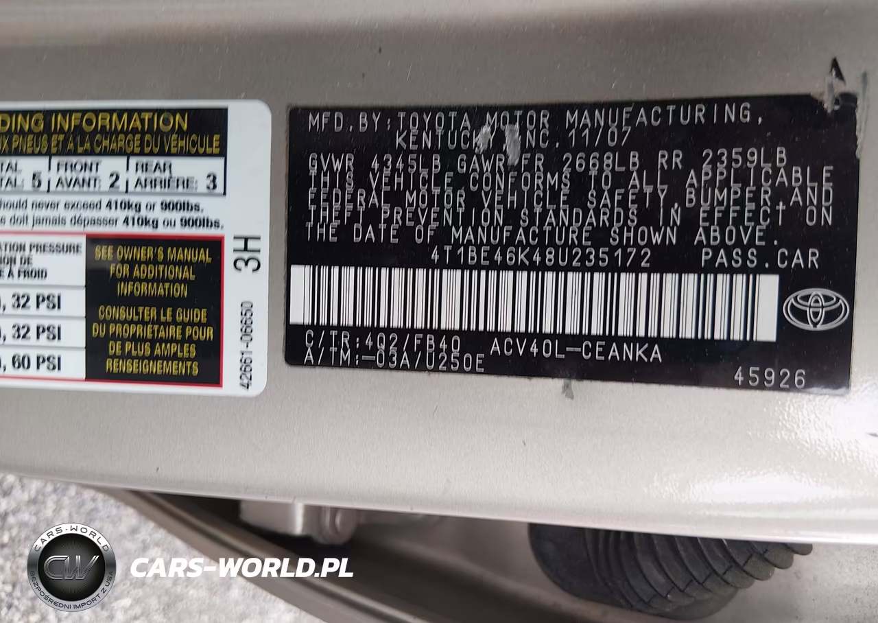 2008 Toyota Camry Le VIN:4T1BE46K48U235172 - 9