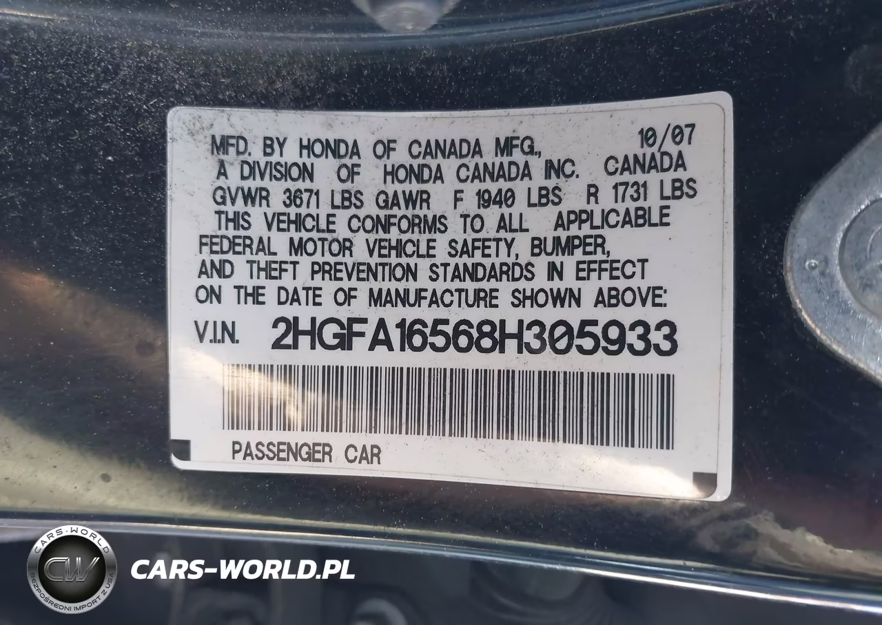 2008 Honda Civic Sdn Lx VIN:2HGFA16568H305933 - 9